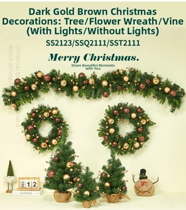 Detail of dark gold Christmas tree and wreath set with festive ornaments and burlap base