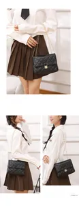 Three-way view of a black quilted chain bag worn by a model in a minimalist setting