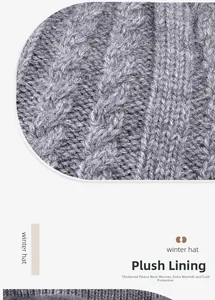 Macro detail of men's winter knitted hat showing grey cable knit and thick fleece lining