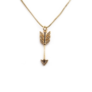 Gold plated arrow pendant necklace with black and clear cubic zirconia stones