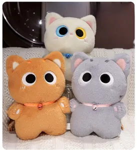 Detailed close-up of cute cartoon cat plush dolls with colorful bell collars in three colors
