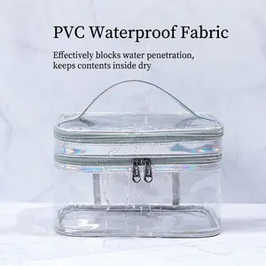 Transparent waterproof PVC toiletry bag with silver trim and handle for travel storage