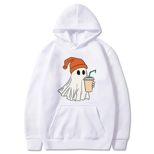 White Halloween hoodie with cartoon ghost wearing an orange beanie and holding coffee cup