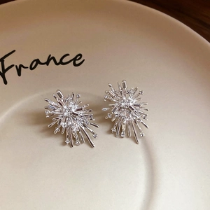 Macro shot of silver firework stud earrings with crystals on a vintage ceramic plate