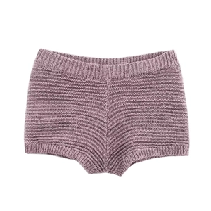 Detailed view of lavender knitted shorts featuring fine texture and elastic waistband