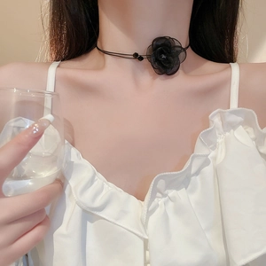 Double-layer black lace flower choker necklace with crystal beads for women