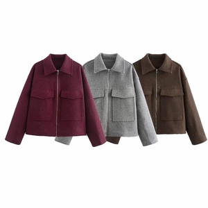 Veste Courte En Laine Pour Femmes Couleur Unie Fermeture Éclair Revers Grande Poche Manches Longues Automne Hiver