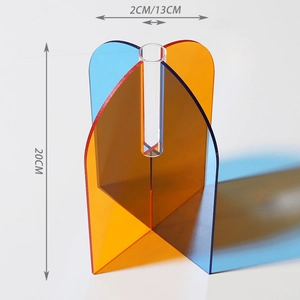 Modern acrylic vase with geometric orange and blue panels showing height of 20cm