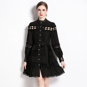 Elegant black lace hollow out midi dress with pearl buttons and waist belt styling