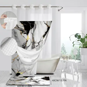 Rideau de douche imperméable motif marbre noir et or avec tapis de bain assorti