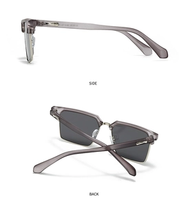 Side and back view of semi-rimless square sunglasses with grey lenses and metal temples