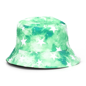 Close-up of green tie-dye bucket hat with white star print and detailed brim stitching