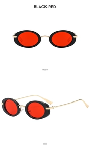 Front and side view of retro oval sunglasses with black frames and red tinted lenses