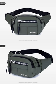 Detail view of military green waterproof waist bag with functional zippers and strap