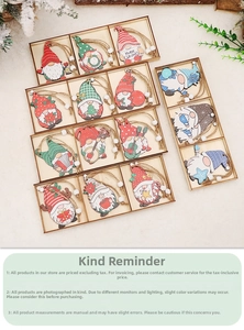 Set of 12 festive wooden Christmas gnomes with string hangers in a wooden storage box