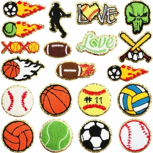 Sports chenille patches set featuring soccer, basketball, and glitter embroidery for bags