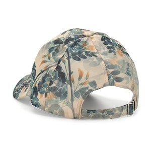 Close-up of the adjustable strap and silver buckle on the floral print baseball cap