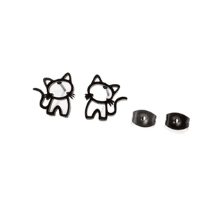 Cute hollow cat stud earrings with black metal finish and butterfly backs
