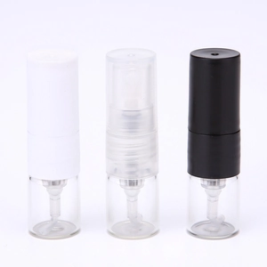Portable 1ml glass perfume spray bottles with black, white, and clear caps on white background