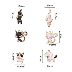 Cartoon enamel cat and dog alloy charms set with detailed dimensions for DIY jewelry