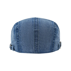 Classic washed blue denim flat cap for women featuring adjustable metal side buckles