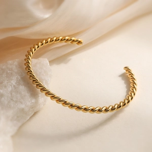Minimalist 18K gold plated twisted stainless steel open cuff bracelet for women