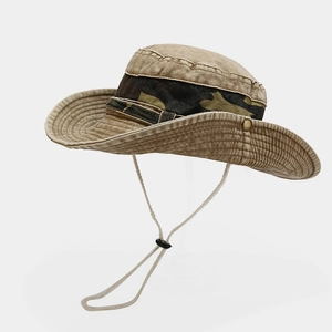 Chapeau de pêcheur d'extérieur à large bord camouflé avec cordon et boutons pression