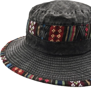Detail of dark grey washed cotton bucket hat with colorful tribal geometric embroidery