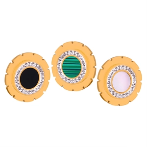 Titanium steel gold-plated gear earrings set with diamond, malachite and shell inlay