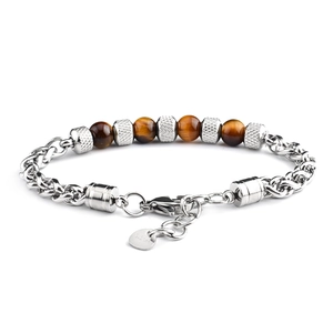 Detailed view of Tiger Eye beads and stainless steel adjustable chain for men's bracelet