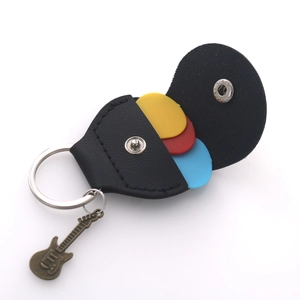 Black leather guitar pick holder keychain with colorful picks and vintage guitar charm