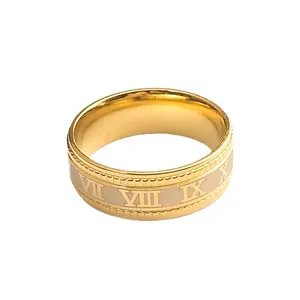 Minimalist gold stainless steel ring with Roman numerals and elegant beaded edges
