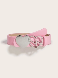 Detailed view of pink leather belt with silver double heart buckles on white surface