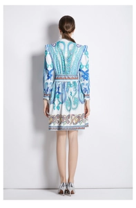 Vue arrière d'une robe à manches longues et col en V avec imprimé floral paisley bohème