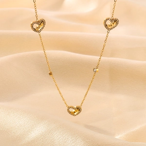 18K gold plated stainless steel necklace with sparkling heart LOVE pendants on silk
