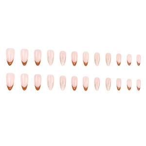 Mocha brown French almond press-on nails with champagne glitter highlights, 24 piece set