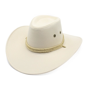 Classic cream faux suede western cowboy hat with gold braided rope band and side eyelets