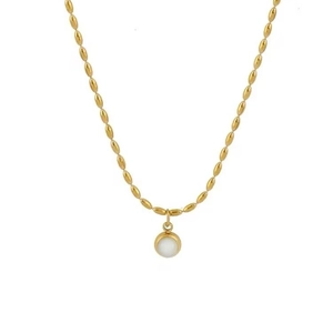 Gold olive bead chain necklace featuring a round white mother-of-pearl pendant on white background