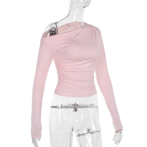 Detailed view of pink long sleeve top with off-shoulder neckline and side ruching detail