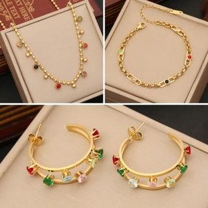 Stainless Steel Jewelry With Colorful Cubic Zirconia Round Bead Chain Necklace Bracelet Earrings Fashion For Women