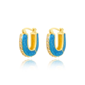 U-shaped gold earrings with blue marble enamel and white zircon side inlays