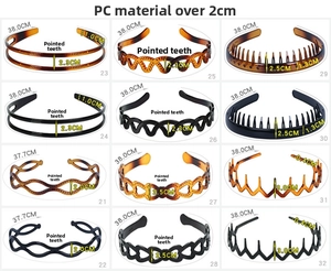 Size chart for PC plastic headbands showing circumference and width for 12 styles