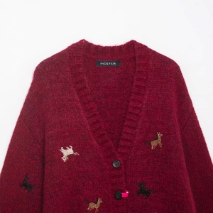 Women's burgundy mohair knit cardigan featuring sequin horse embroidery and V-neckline