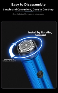 Detail view of the rotating detachable head and blue metallic texture on mini shaver