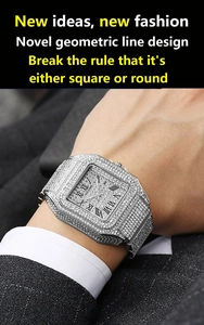 Macro view of iced out square men's watch with shimmering diamonds on silver band