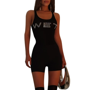 Slim fit black bodysuit for women with rhinestone WET lettering and a sleeveless design
