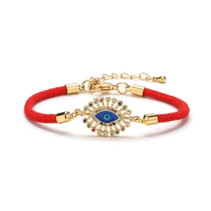 Red braided evil eye bracelet with colorful zircons and gold-plated lobster clasp