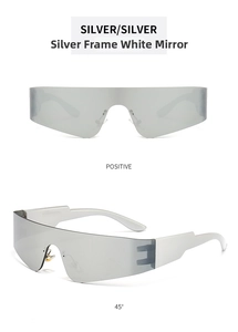 Front and 45-degree views of silver futuristic frameless sports sunglasses with mirrored lenses
