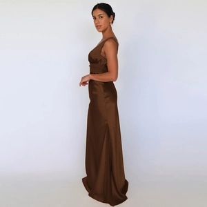 Elegant coffee brown v-neck backless satin maxi dress for women showing smooth drape
