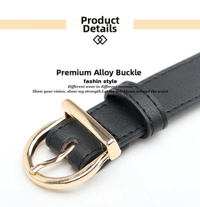 Detailed close-up of a premium gold alloy round buckle on a sleek black leather belt